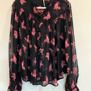 Anthropologie Black and Pink Floral Sheer Boho Flowy Blouse